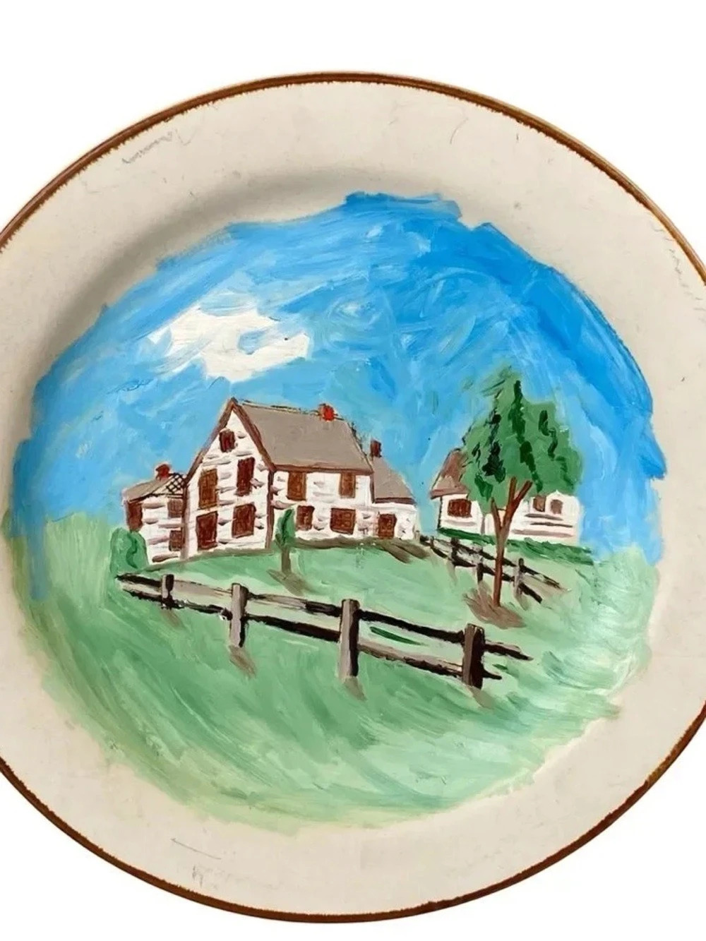 Hand-Painted Farmhouse Ceramic Plate in Blue & Green